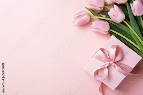Mother's Day concept. Pink gift box with ribbon bow and a bouquet of tulips. © Md