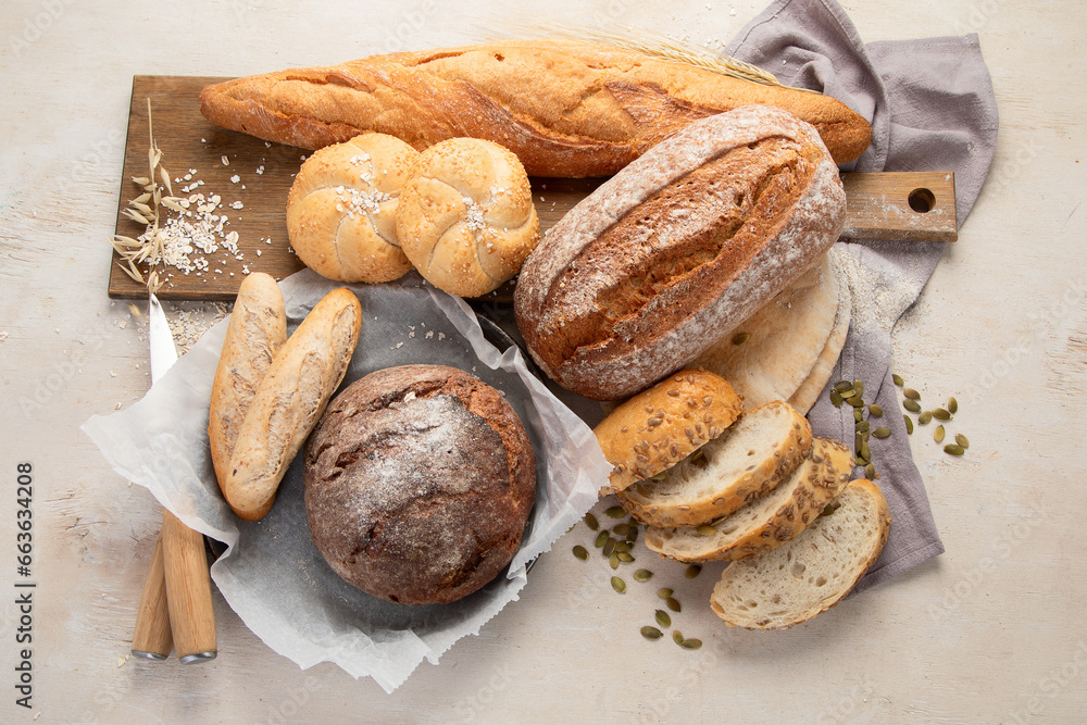 Freshly baked delicious bread, healthy eating concept.