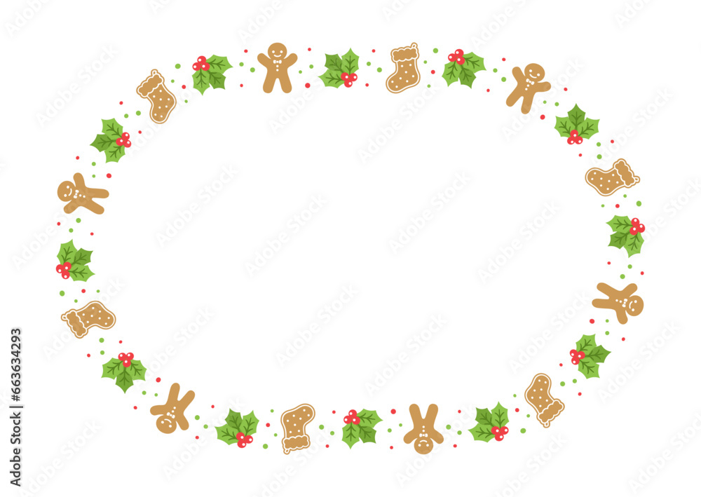 Gingerbread Cookies Frame Border, Christmas Winter Holiday Graphics. Homemade sweets pattern, card and social media post template on white background. Isolated vector illustration.