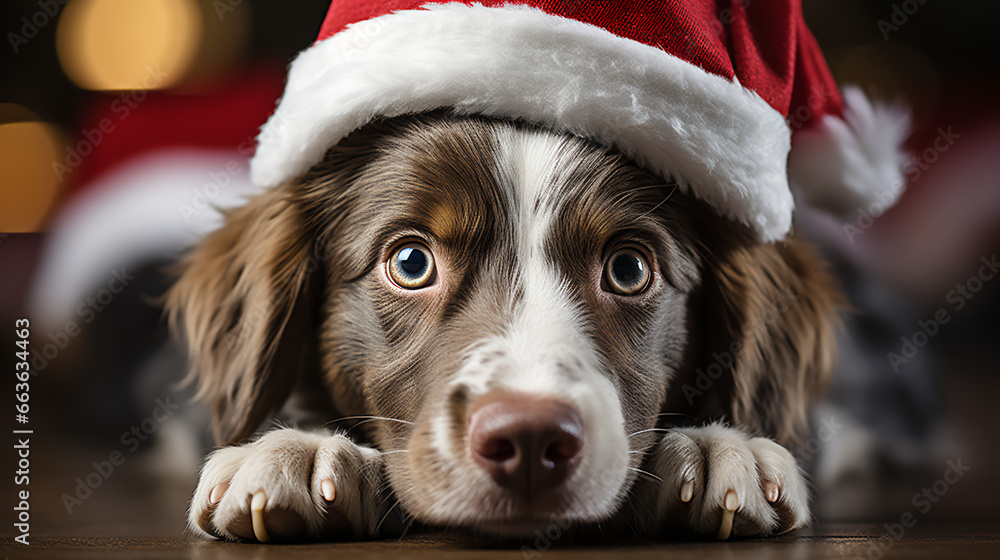 Dog with sad eyes wearing Santa hat - Christmas - worm’s eye view - extreme close-up - dramatic - begging - festive - holiday - vacation  - obrazy, fototapety, plakaty 