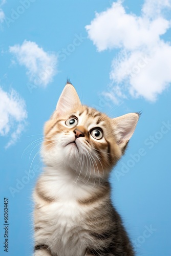 Playful funny kitten looking up against a blue sky and cloud .