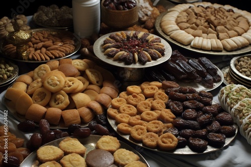 Scrumptious treats for the Islamic feast; Arabic delicacies after Ramadan. Add sugar to kahk (Eid cookies). Generative AI