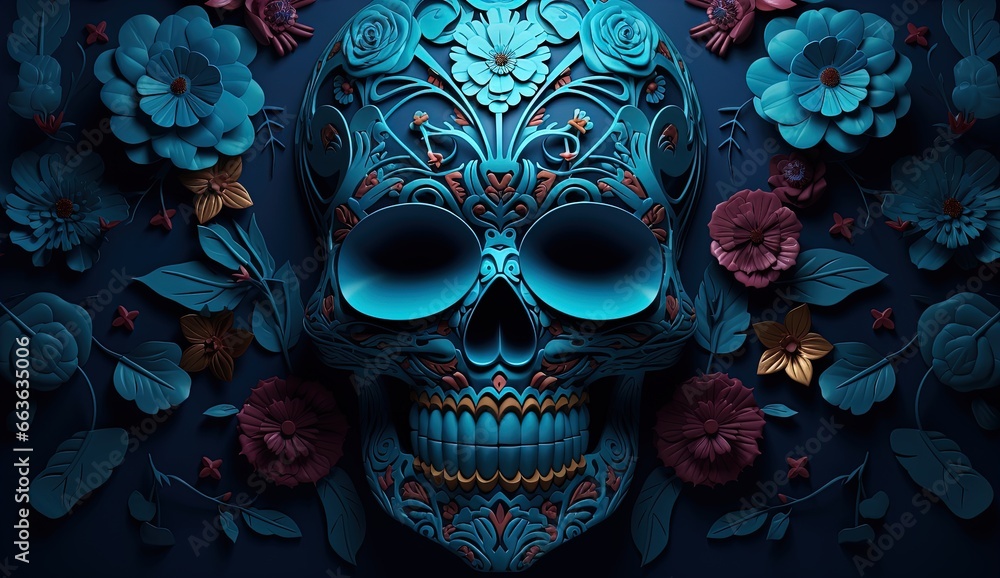 Colorful Flowers Enveloping a Skull: Vray Tracing Art