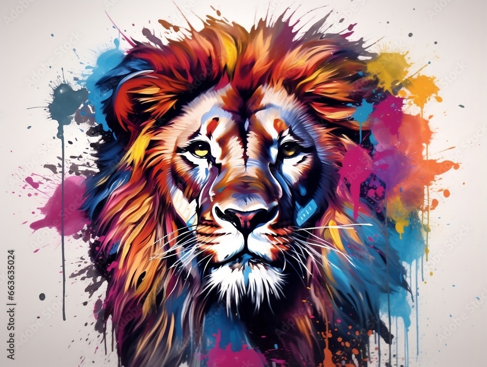 Colorful lion head splash art with white background generative ai