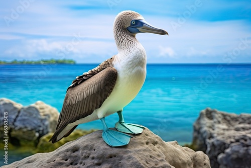 The rare blue-footed booby rests on the beach. photo