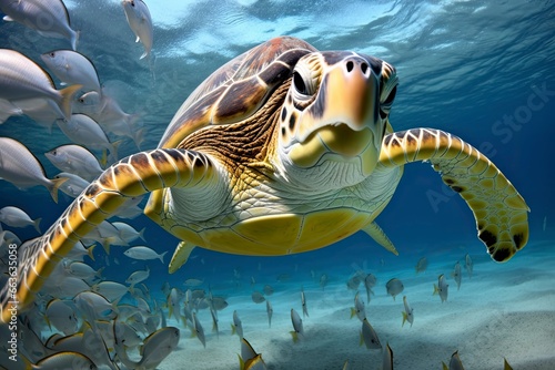 Turtle closeup with school of fish.