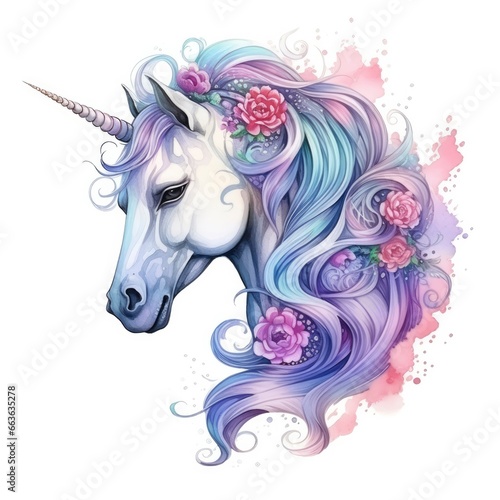Watercolor fantasy unicorn clip art.