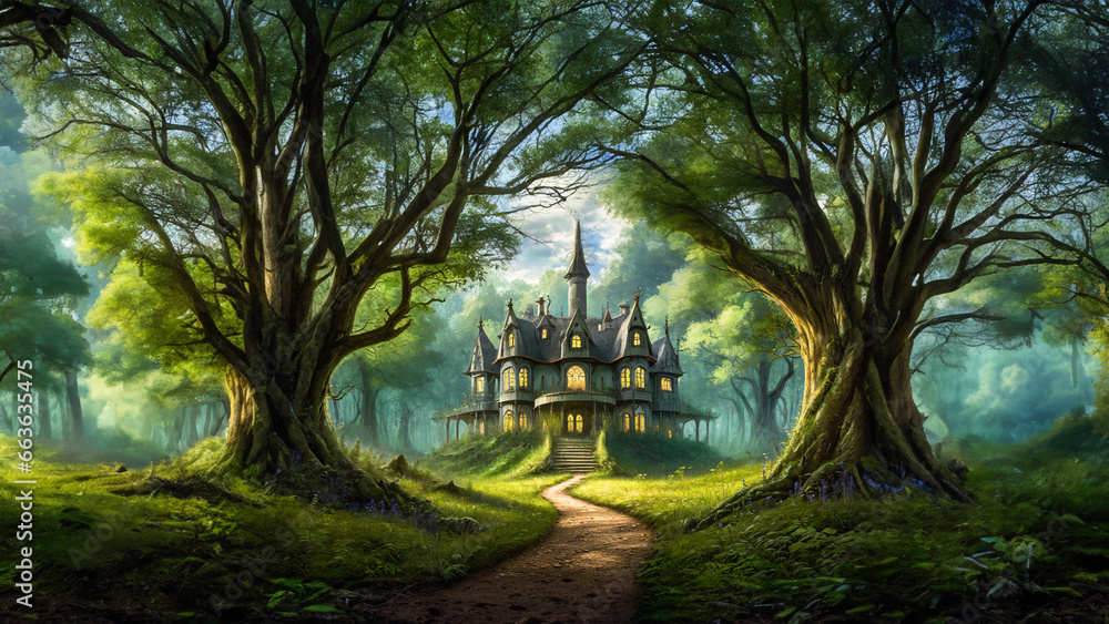 Fototapeta premium Mansion Sitting Alone In Lush Forest - Art