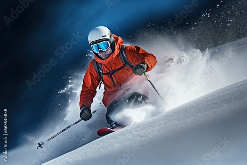 Skier Skiing On Mountain Slope.