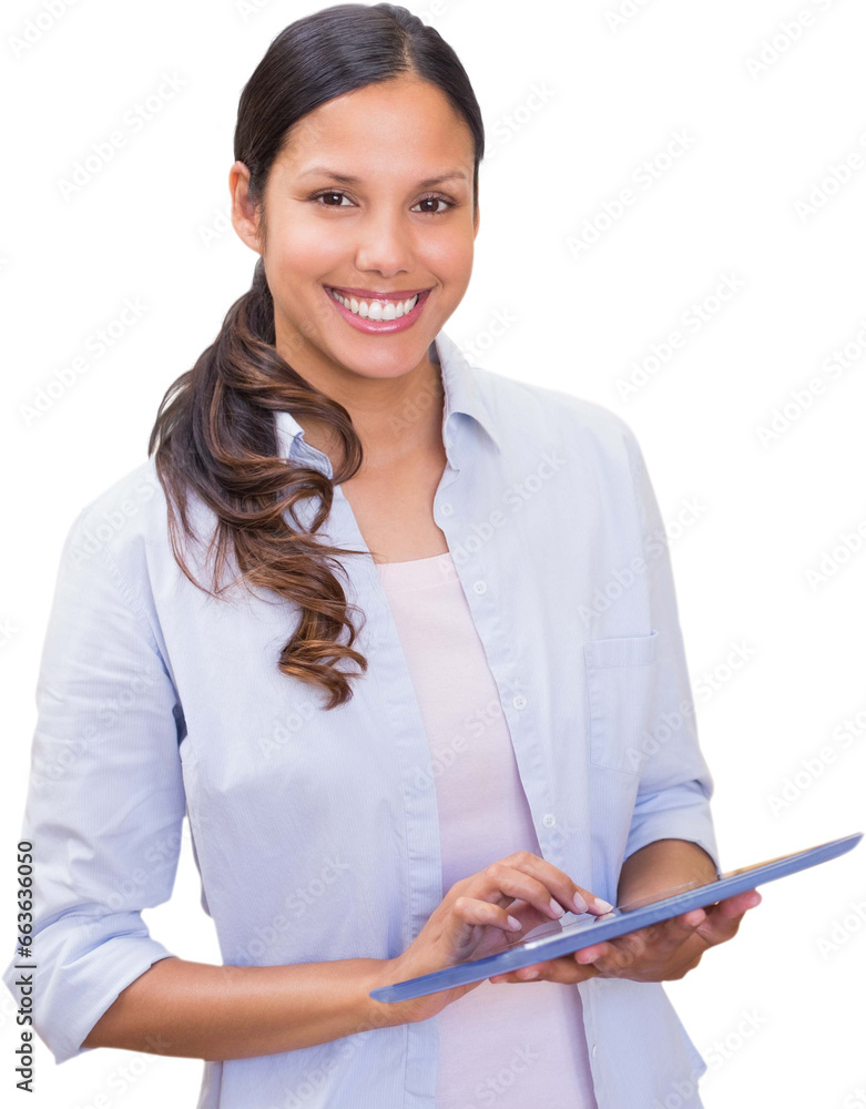 Digital png photo of happy biracial businesswoman using tablet on transparent background Digital png photo of happy biracial businesswoman using tablet on transparent background