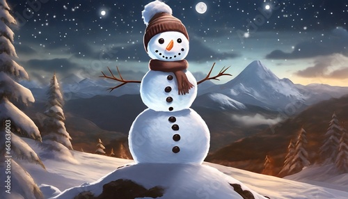 Adorable Snowman In Mountains Art