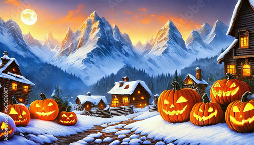 Animated Jack-O-Lanterns In Fictional Village During Winter