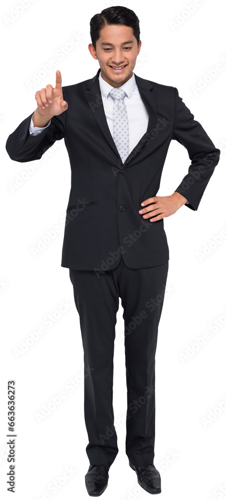 Digital png photo of happy biracial businessman pointing finger on transparent background Digital png photo of happy biracial businessman pointing finger on transparent background
