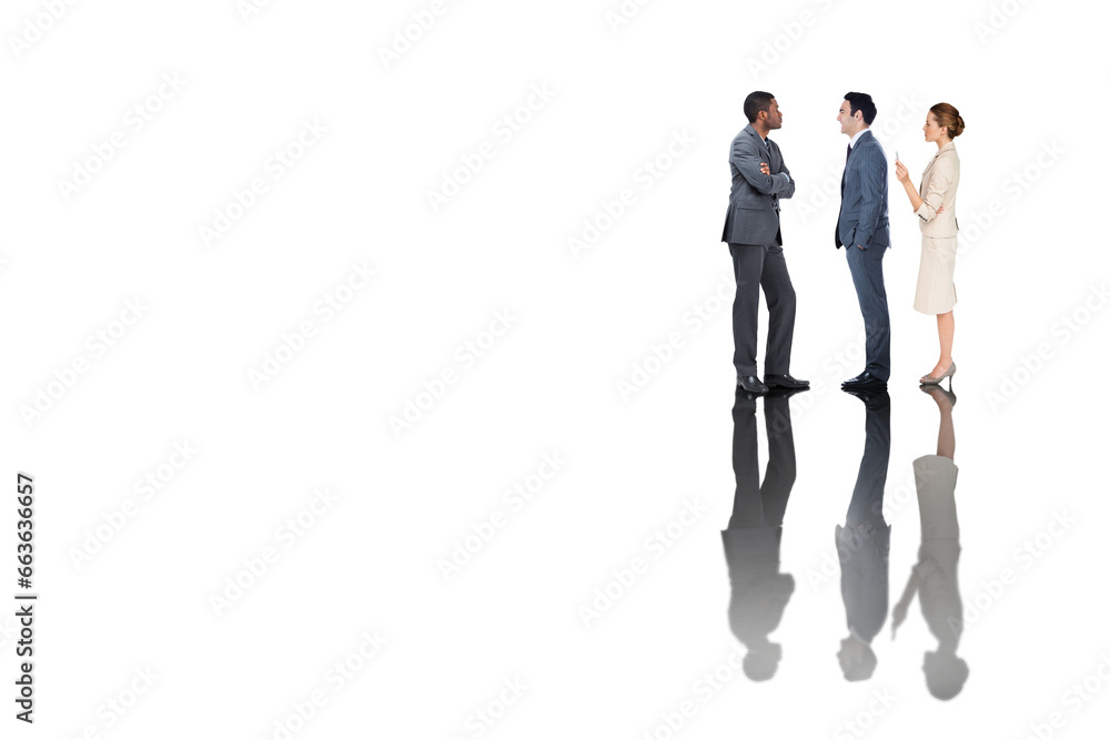 Digital png photo of diverse businessmen and shadows standing on transparent background Digital png photo of diverse businessmen and shadows standing on transparent background