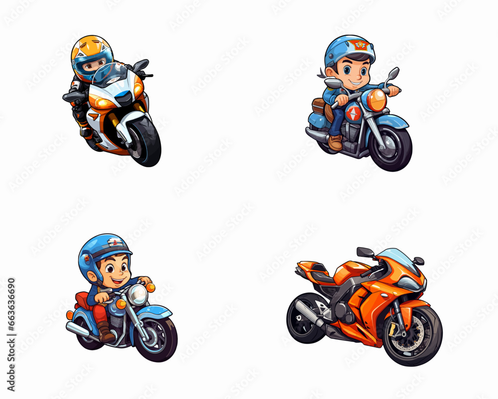 set of happy cute motorcycle watercolor illustrations for printing on baby clothes, pattern, sticker, postcards, print, fabric, and books