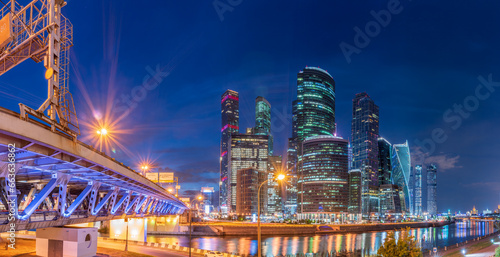 Photography The scyscrapers of the Moscow City at night and the Dorogomilovsky bridge with illumination