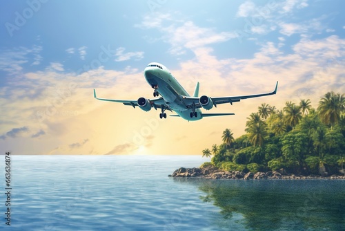 Airplane flying over tropical island in the sea