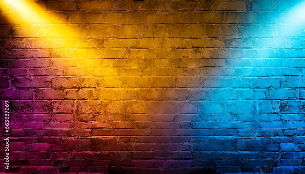 Lighting effect yellow , orange and blue neon background, wallpaper, Neon light on brick walls that are not plastered background and texture, brick wall background