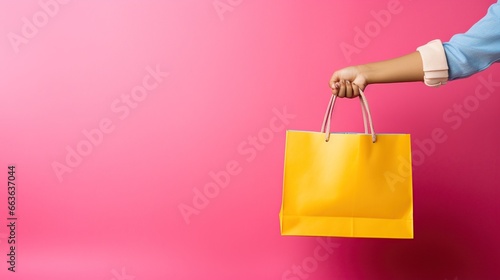 Hand holding yellow shopping bag on pink background. AI generated image