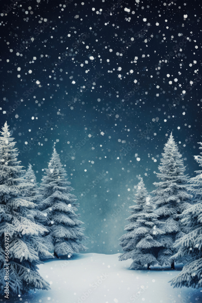 Greeting card of Christmas trees in the forest
