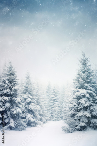 Greeting card of Christmas trees in the forest