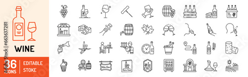 Wine editable stroke outline Icons set. Grape, wine bottle, wine glass, winery, corkscrew, vineyard, wine barrel, wine farm, cheese and sommelier. Vector illustration