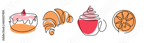 Coffee and Bakery set. Continuous one line drawing croissant, lemon, donut, hot drink cup. Baking shop Logo concept. Hand drawn pastries by one line. Cafe or tea line sketch. Fashionable trend vector