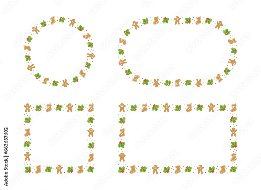 Gingerbread Cookies Frame Border Set, Christmas Winter Holiday Graphics. Homemade sweets pattern, card and social media post template on white background. Vector illustration. Gingerbread Cookies Frame Border Set, Christmas Winter Holiday Graphics. Homemade sweets pattern, card and social media post template on white background. Vector illustration.
