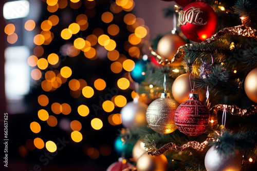decorative Christmas ornaments hanging on a Christmas tree  bokeh background