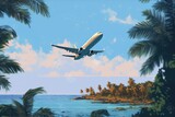 Airplane flying over tropical island in the sea