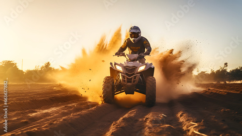 Man riding atv vehicle on offroad track, quad bike riders in the desert at sunset, extreme sport activities theme. photo