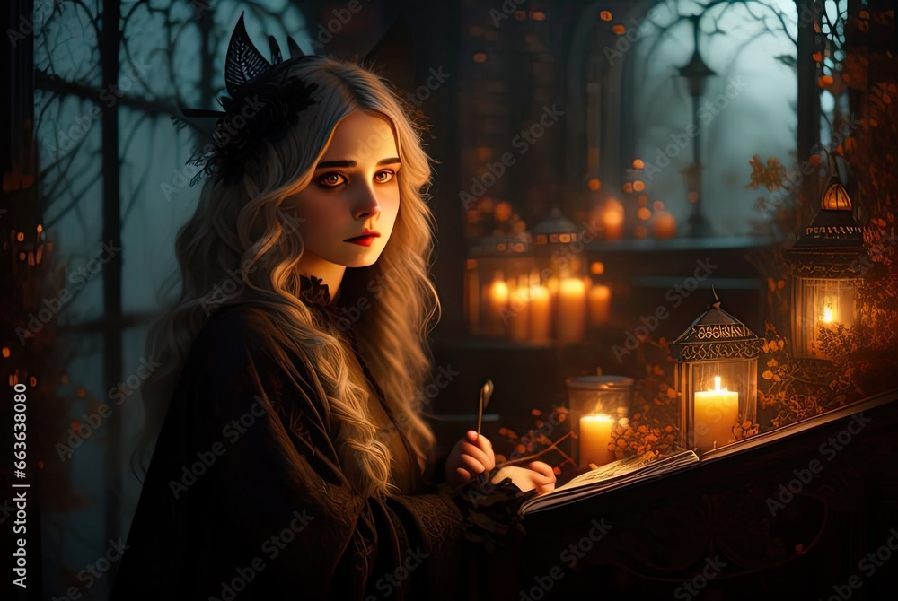 Fototapeta premium A mysterious young woman in a witch costume with long hair. Generative Ai