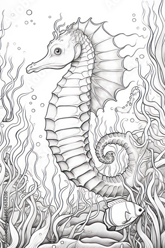 Coloring book page of seahorse in underwater scene in a line art hand drawn style for kids