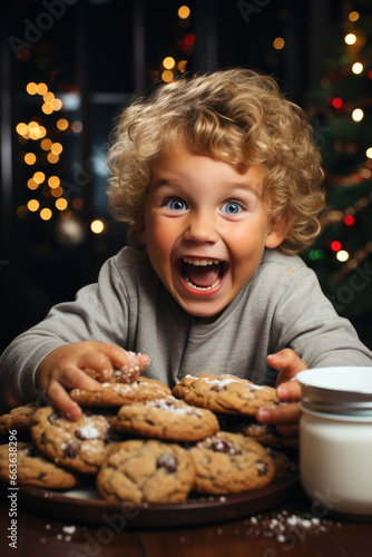 Funny child boy eats Christmas cookies