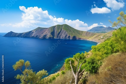 Scenic view of Vulcano island from Lipari island. Generative AI photo