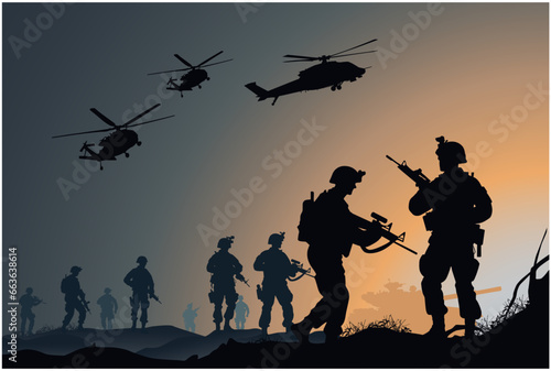 Soldiers on the performance of the combat mission, silhouette of soldiers are fighting in the battlefield vector illustration photo