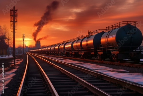 Sunrise scene of rail tank cars transporting oil on the rails. Heavy industry, trade, and transport. Generative AI