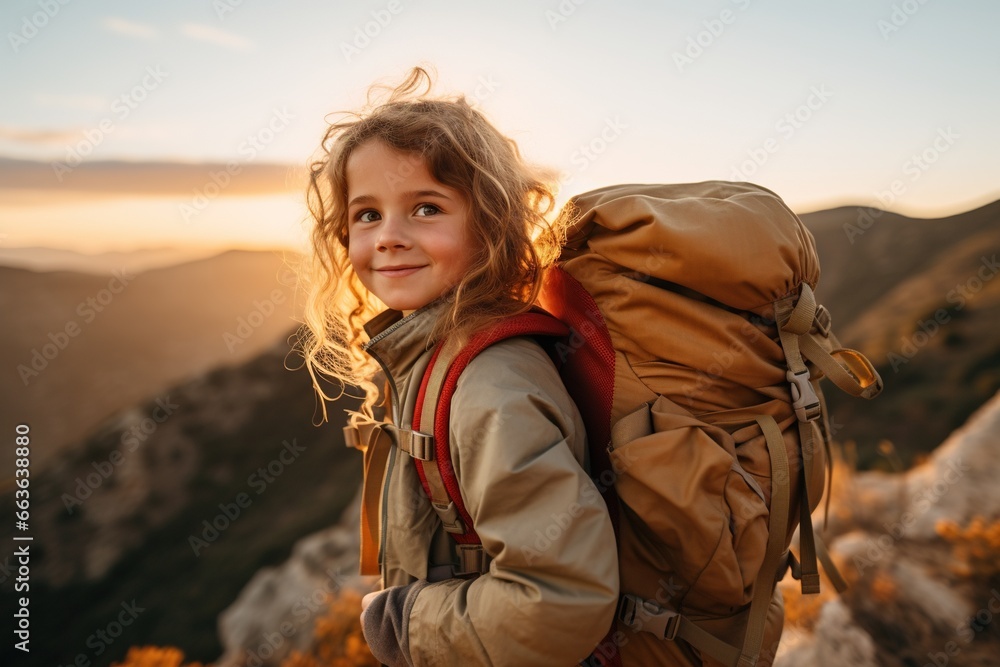little girl with backpack hiking on mountain peak at sunset, travel and adventure concept