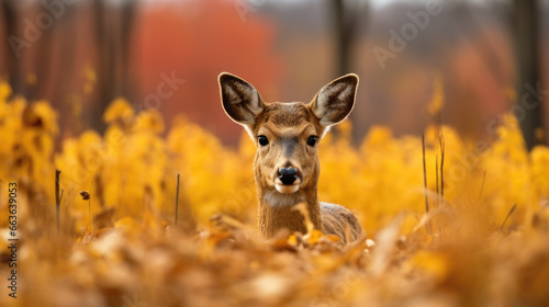 A deer looks out from yellow grasses