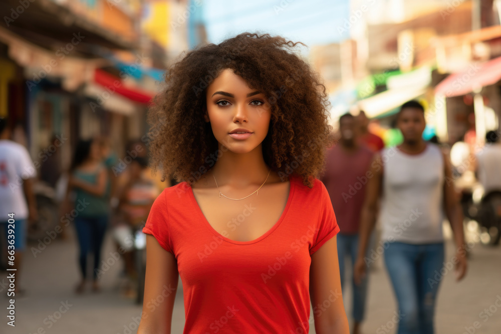 Woman in red shirt is walking down street. This image can be used to depict everyday life, urban scenes, or city lifestyle.