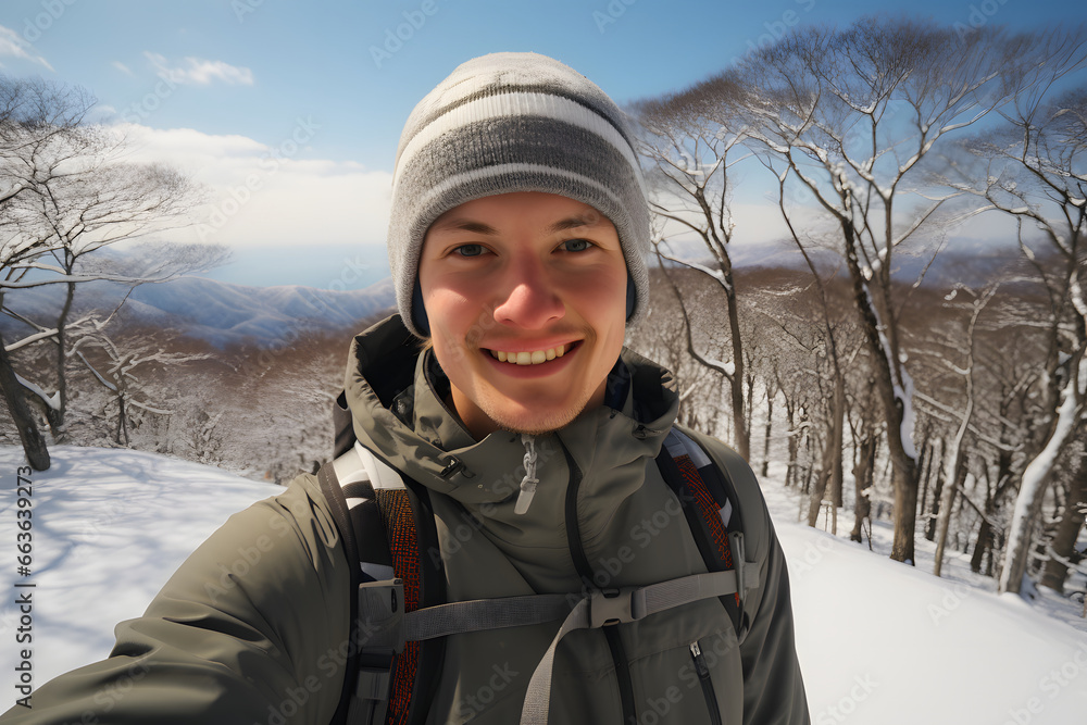 Happy young man taking selfie with smartphone smiling and enjoying the view at snowy mountains in winter holiday vacation, extreme sport and happy people concept