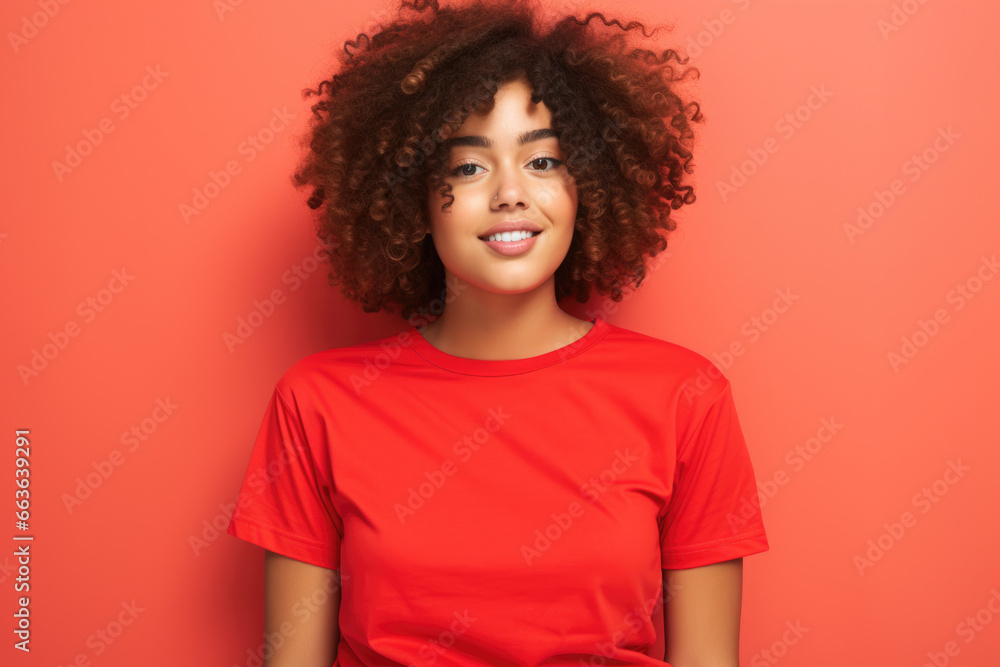 Woman wearing red shirt posing for picture. This image can be used for various purposes, such as advertising, social media, or online articles. Woman wearing red shirt posing for picture. This image can be used for various purposes, such as advertising, social media, or online articles.