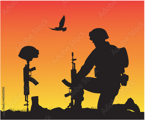 Sad soldiers troop silhouette, Army soldier in sorrow for fallen comrade, standing on knee, leaning on rifle, look at Helmet Gun and Rifle in Combat Boots