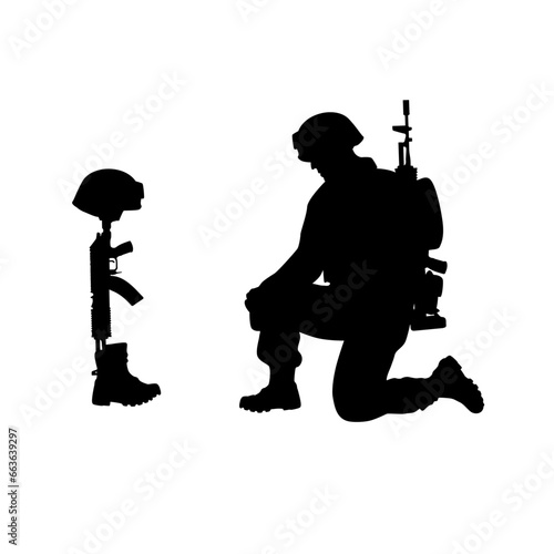 Sad soldiers troop silhouette, Army soldier in sorrow for fallen comrade, standing on knee, leaning on rifle, look at Helmet Gun and Rifle in Combat Boots