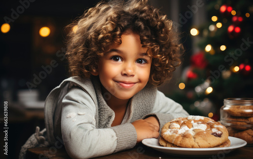 Funny child boy eats Christmas cookies photo