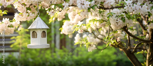Beautiful spring garden with blooming apple tree and white birdhouse