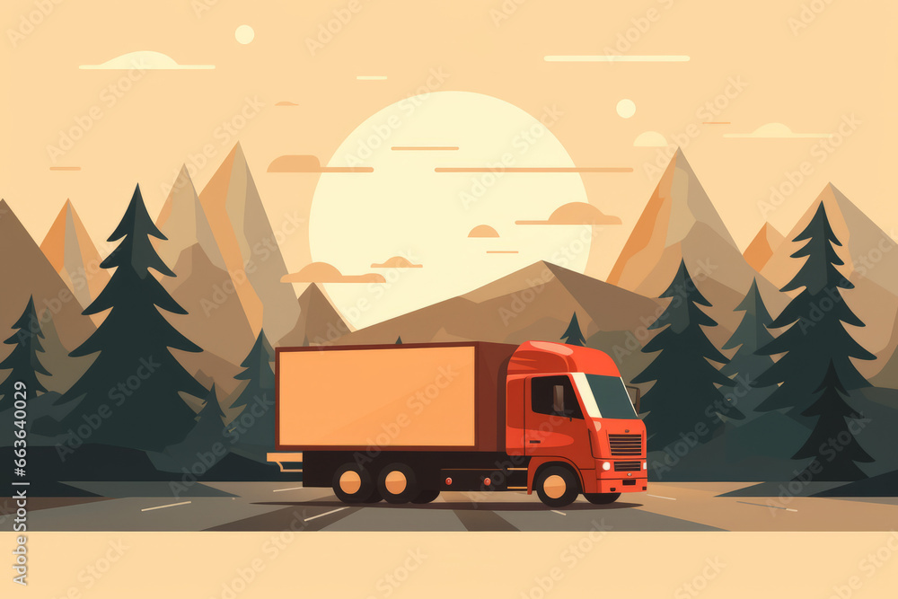 Minimalist illustration of transport truck with copy space on the side, mountains and sun visible in the background