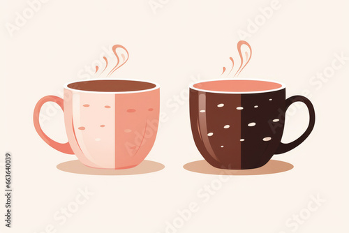 Two cups of coffee with steam in front of solid pink background