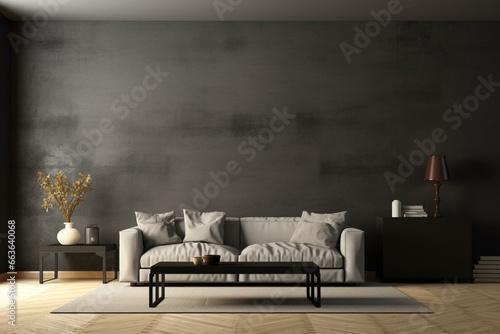 Contemporary home, sleek dark living room design with blank wall mock up, digitally created. Generative AI