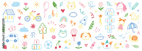 Children school, kindergarten vector doodle set. Cute daycare hand drawn flower, toy, animal elements. Childish cute preschool activity, education doodle background. Vector illustration.